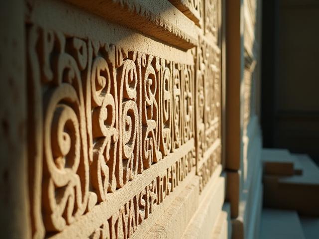 Ancient artifacts viewed through a museum window at dusk